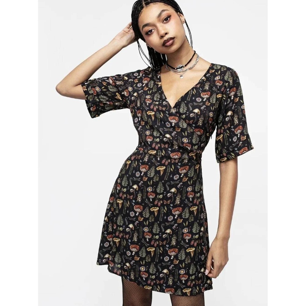 Disturbia Mushroom Print Dress sz 14 Dark Cottagecore Dragonfly Fairy Grunge